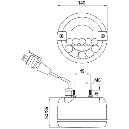 2-function light LED, 12/24 V, 140 mm Ø, 0.58 m, 3-pin AMP