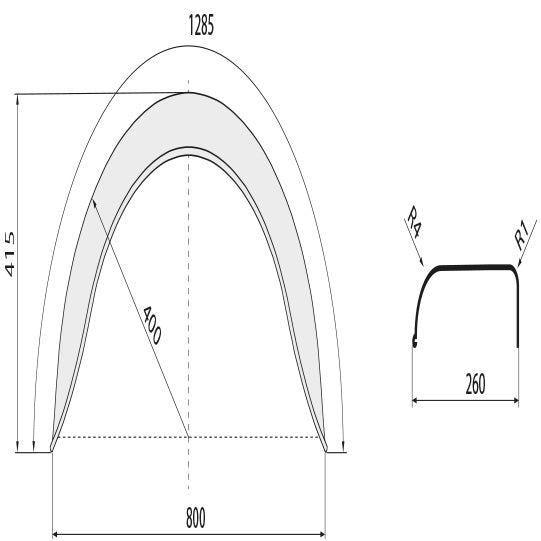 Mudguards H2613/12, galvanised, 260 × 1285 × 415 × 400 × 800 mm