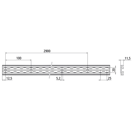 Airline profile anchor rail, aluminium, black rubber, 3000 mm,