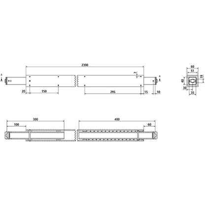 Square locking beam, 2410-2560 mm, airline rail end fittings