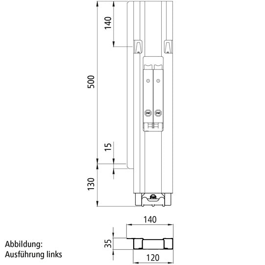 Blueline aluminum-corner stanchion DL, rear R, anodised, 500 mm