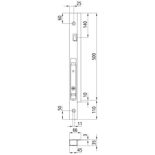 Blueline aluminum-corner stanchion DL, front L, anodised, 500 m