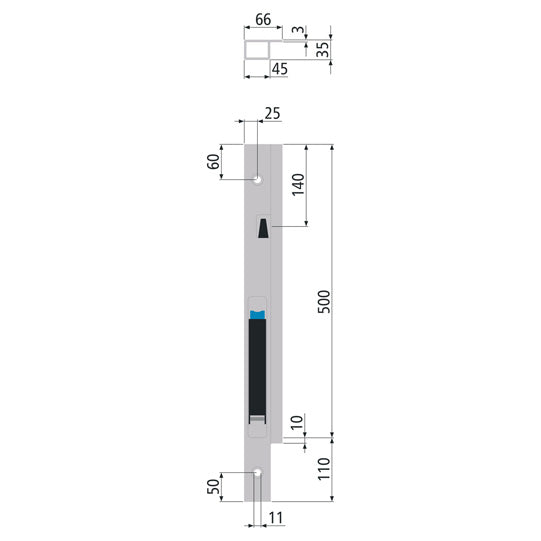 Blueline aluminum-corner stanchion DL, front L, anodised, 500 m