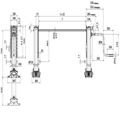 Supporting jack module B, L, MH 750 mm, stroke 430 mm