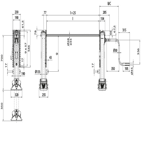 Optima landing gear, R, MH 700 mm, stroke 350 mm, S-foot