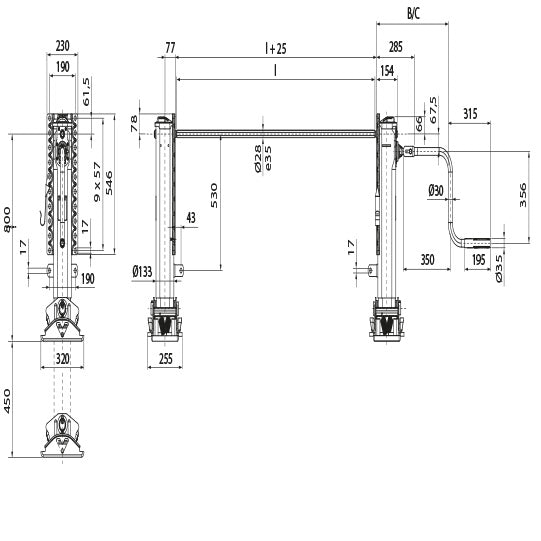 Optima landing gear, R, MH 800 mm, stroke 450 mm, S-foot