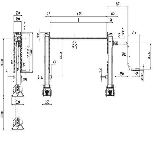 Optima landing gear, L, MH 850 mm, stroke 500 mm, S-foot