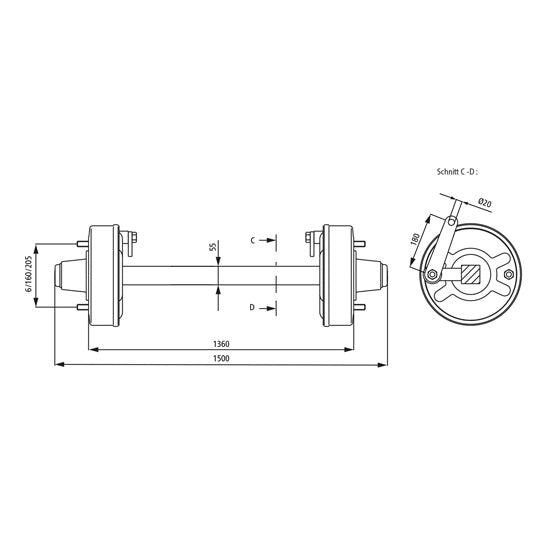 Brake axle GA 4 (1360 track), 2850 kg axle load