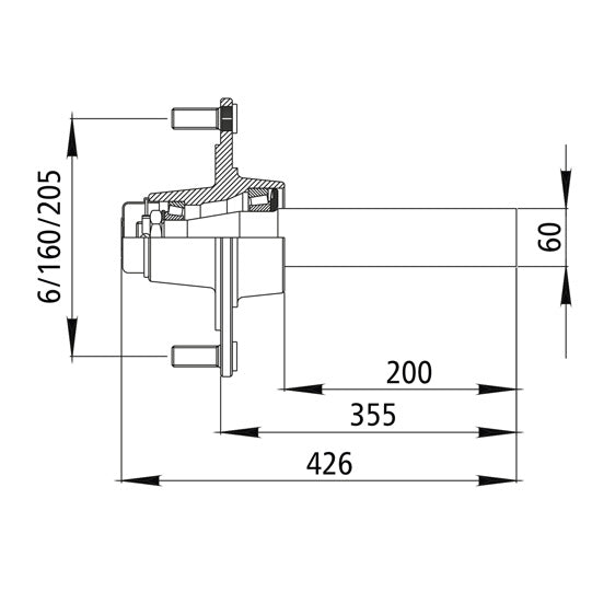 Hub with stub axle GS 6, without brake, 2000 kg axle load