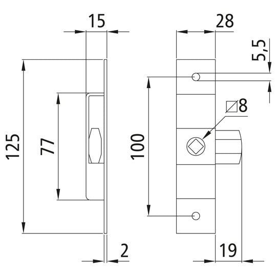 Tongue lock 125 x 25 mm, galvanised, can be used on both sides