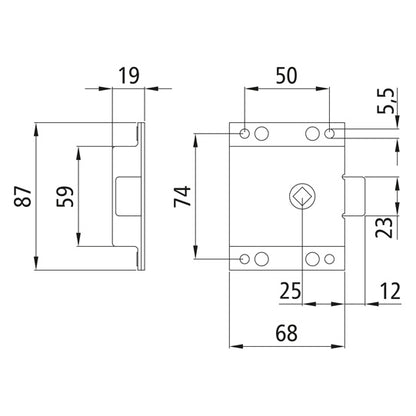 Flap lock 1331, galvanised, square hole 8 mm on both sides