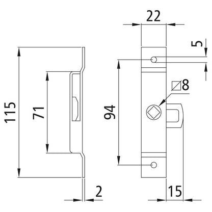 Tongue lock 115 x 22 mm, SS, can be used on both sides