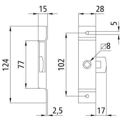 Tongue lock 124 x 28 mm, stainless, can be used on both sides
