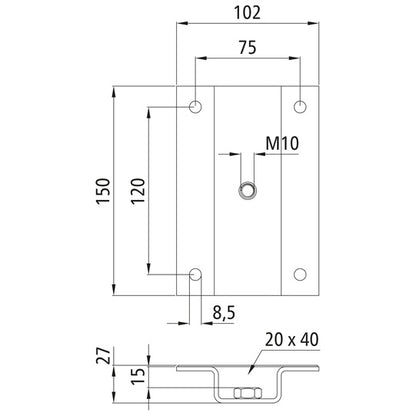 Stanchion holder 20 x 40 mm w. welded-in nut M10, galvanised