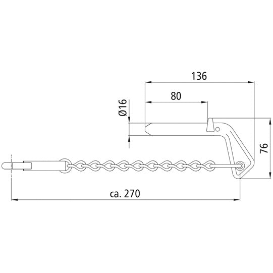 Tappi 16 x 80 mm raakanasta ketjulla ja 80 mm lukkokoukulla