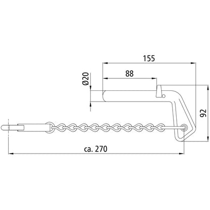 Socket pin 20 x 85 mm, raw, w/ chain and 80 mm snap hook