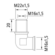 90° elbow penetration seal, M22x1.5/M16x1.5/M16x1.5, 20 mm