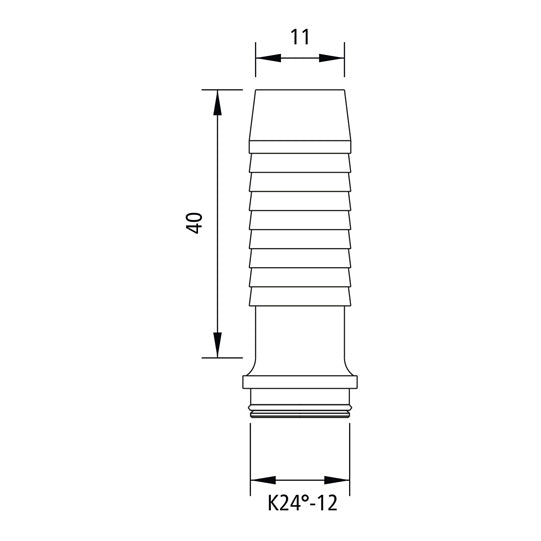 Hose connector with cone and O-ring, Ø 11 mm, K24°-12