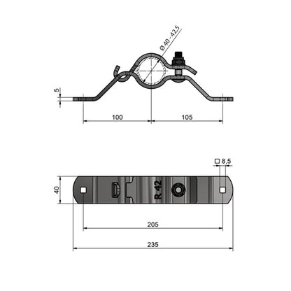 KS-R-kannatin suora lyhyt, ruostumaton teräs. Ø 40 - 42,5 mm