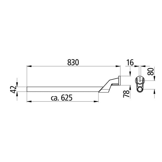 Support tube w/ flange 42 x 830 mm, cranked