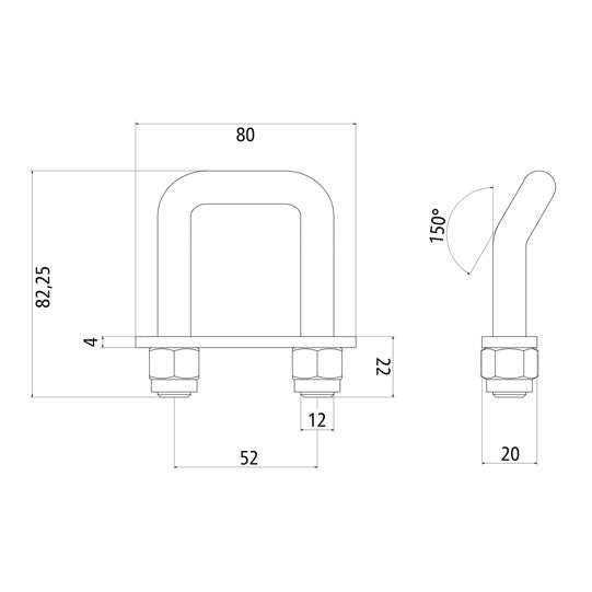 U-shaped lashing bracket 150° angled w/ plate and 2 galvanised