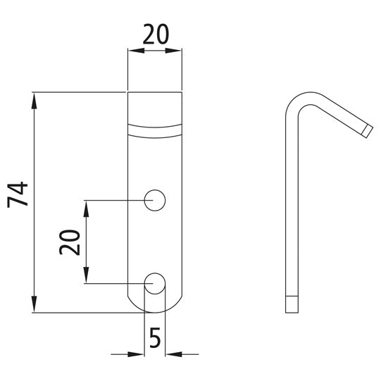 Flat hooks/brkt cramps 74 x 20 mm, hole spacing 20 mm, galv.