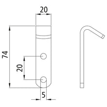 Flat hooks/brkt cramps 74 x 20 mm, hole spacing 20 mm, galv.