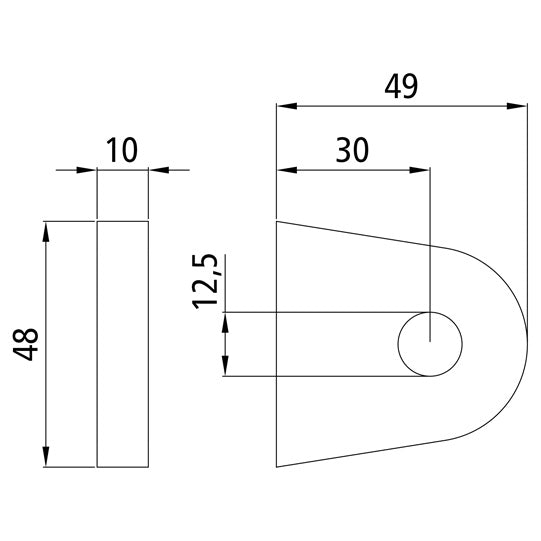 Hinge hinge bearing eye, 49 x 50 x 10 mm, 12.5 mm bore, raw