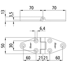 Side door hinge, galvanised, L=140 mm, W=50 mm, H=6.5 mm