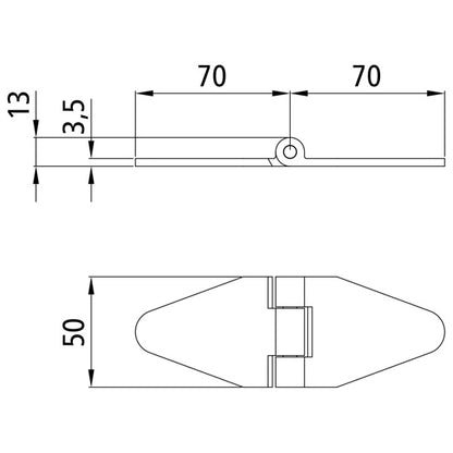 Galvanised side door hinge, L = 140 mm, W = 50 mm, H= 6.5 mm