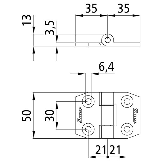 Suer side door hinge, galvanised, L=70 mm, W=50 mm, H=6.5 mm