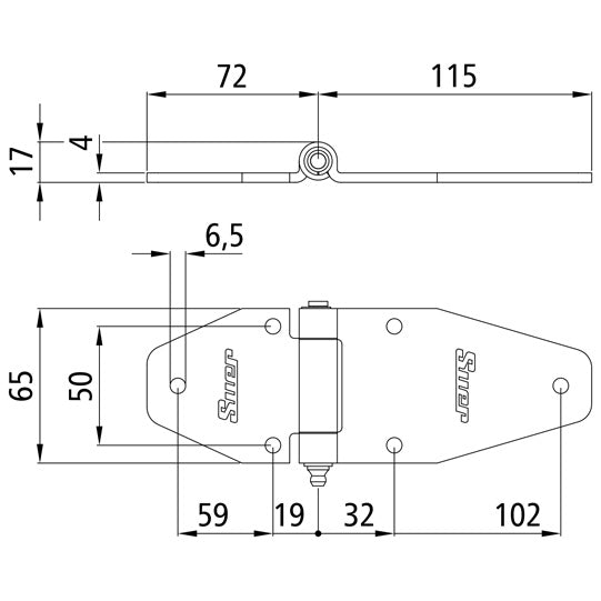 Side door hinge, galvanised, L 187 mm, W 65 mm, H17 mm