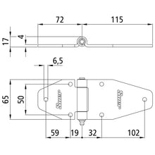 Side door hinge, galvanised, L 187 mm, W 65 mm, H17 mm