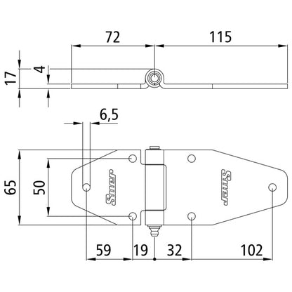 Side door hinge, galvanised, L 187 mm, W 65 mm, H17 mm