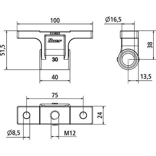 Suer hinge bearing, 25/30, tie rod hole M12, galvanised