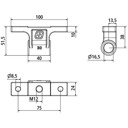 Suer hinge bearing, 25/30, tie rod hole M12, SS