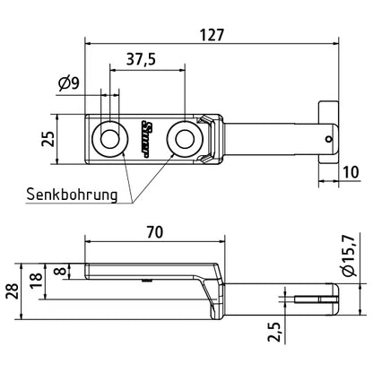 Suer gångjärnsstift med fallfäste, rostfritt stål, stift Ø 16 mm