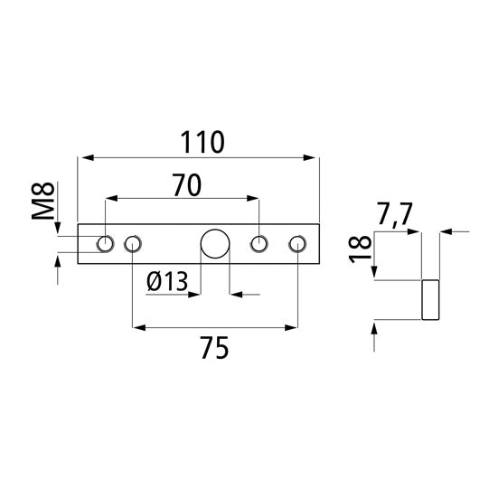 Stainless steel threaded rail 70/75, 110mm without tie rod hole
