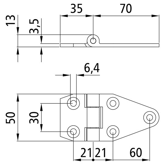 Galvanised side door hinge, L = 105 mm, W = 50 mm, H= 6.5 mm