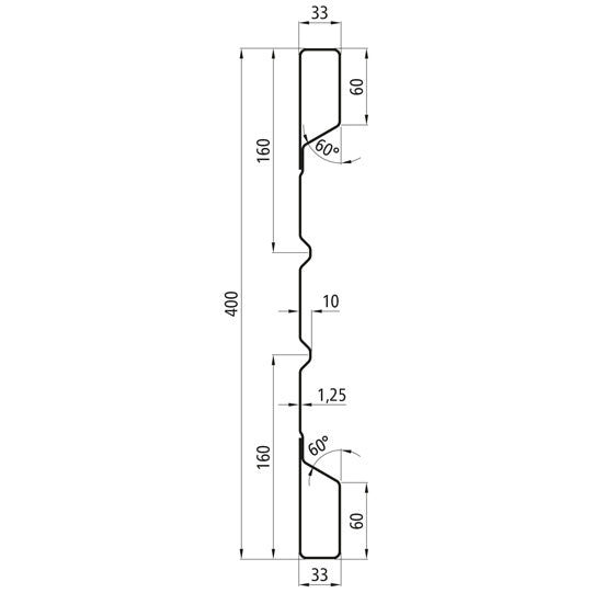 HV 400 steel dropside profile, 1.25 mm thick, 6000 mm long