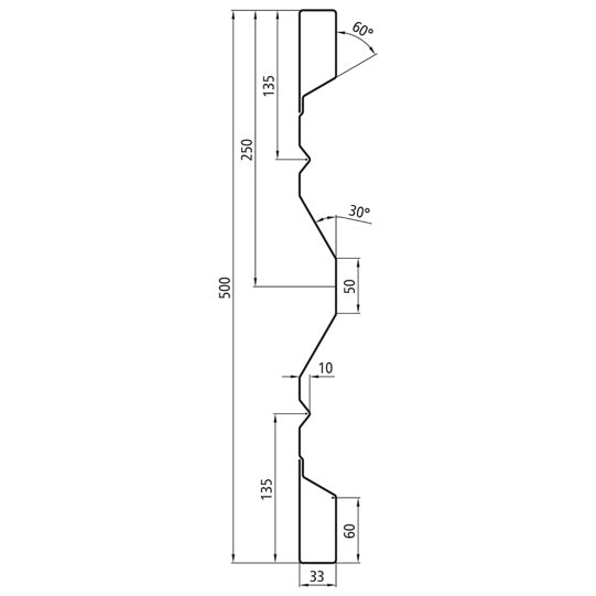 HV 500 stl. dropside profile, 2 mm thick, 5000 mm long