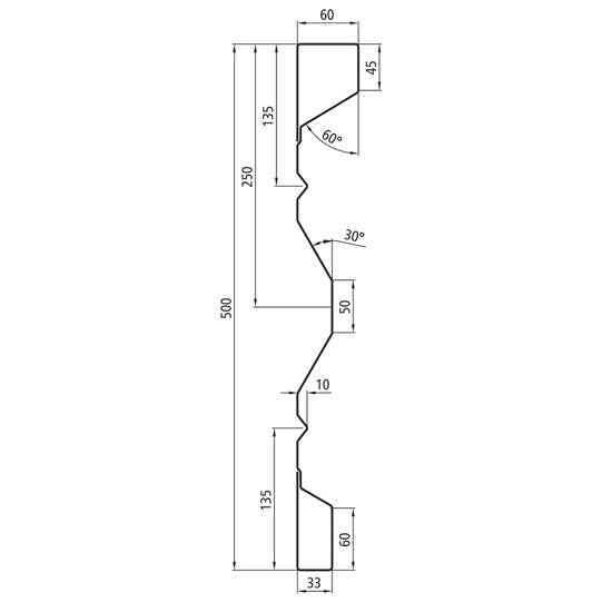 Steel dropside profile B 500, 2 mm thick, 5000 mm long, reinf.c