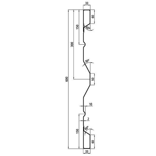 HV 600 stl. dropside profile, 2 mm thick, 5000 mm long