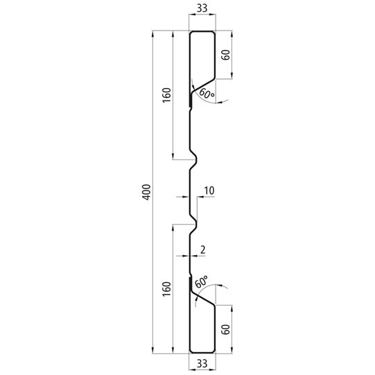 HV 400 stl. dropside profile, 2 mm thick, 5000 mm long