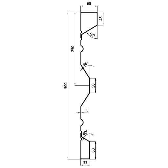 Steel dropside profile P 500/60/33 FS, 2 mm thick, 4500 mm long