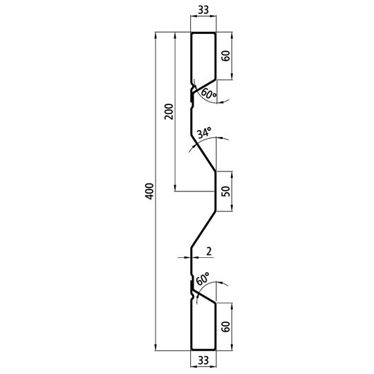 Steel dropside profile P 400/33/33 FS, 2 mm thick, 5000 mm long