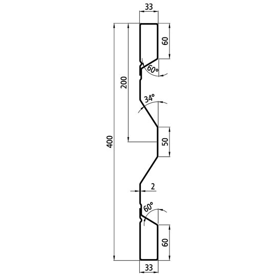 Steel dropside profile P 400/33/33 FS, 2 mm thick, 2400 mm long