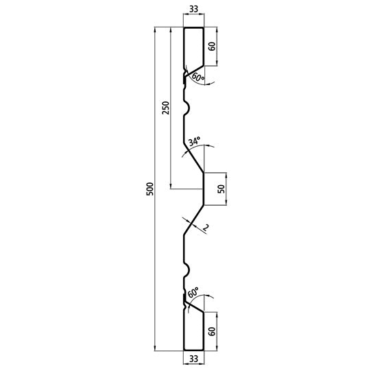Steel dropside profile P 500/33/33 FS, 2 mm thick, 4000 mm long