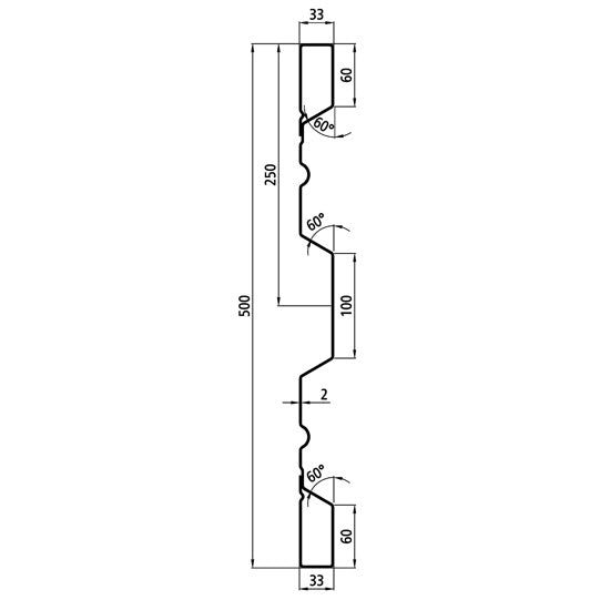 Steel dropside profile P 500/33/33 TS, 2 mm thick, 2000 mm long