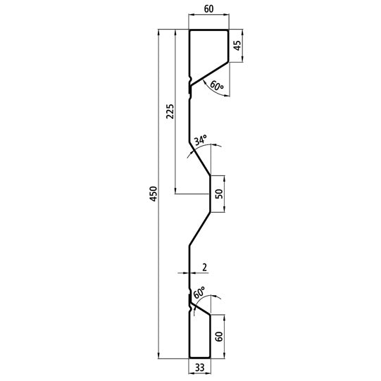 Steel dropside profile P 450/60/33 FS, 2 mm thick, 5000 mm long